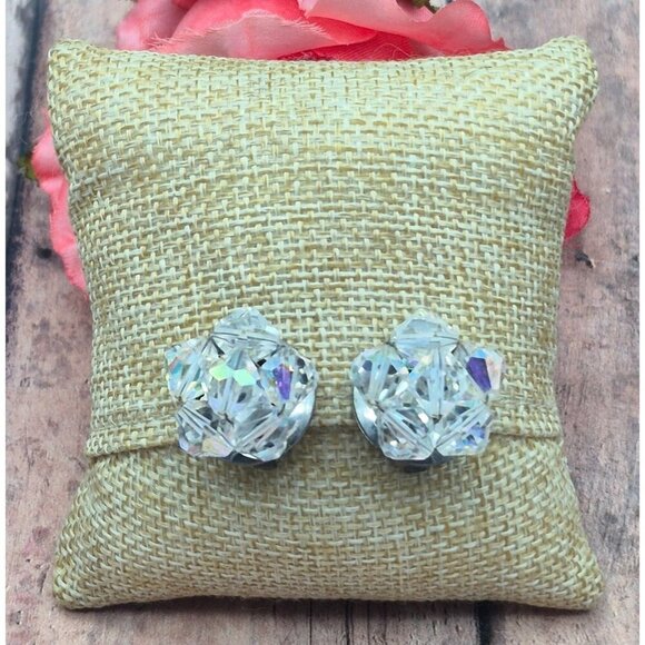 Vintage AB Crystal Collar Necklace & Clip On Cluster Earrings Set Arora Borealis - Picture 5 of 11